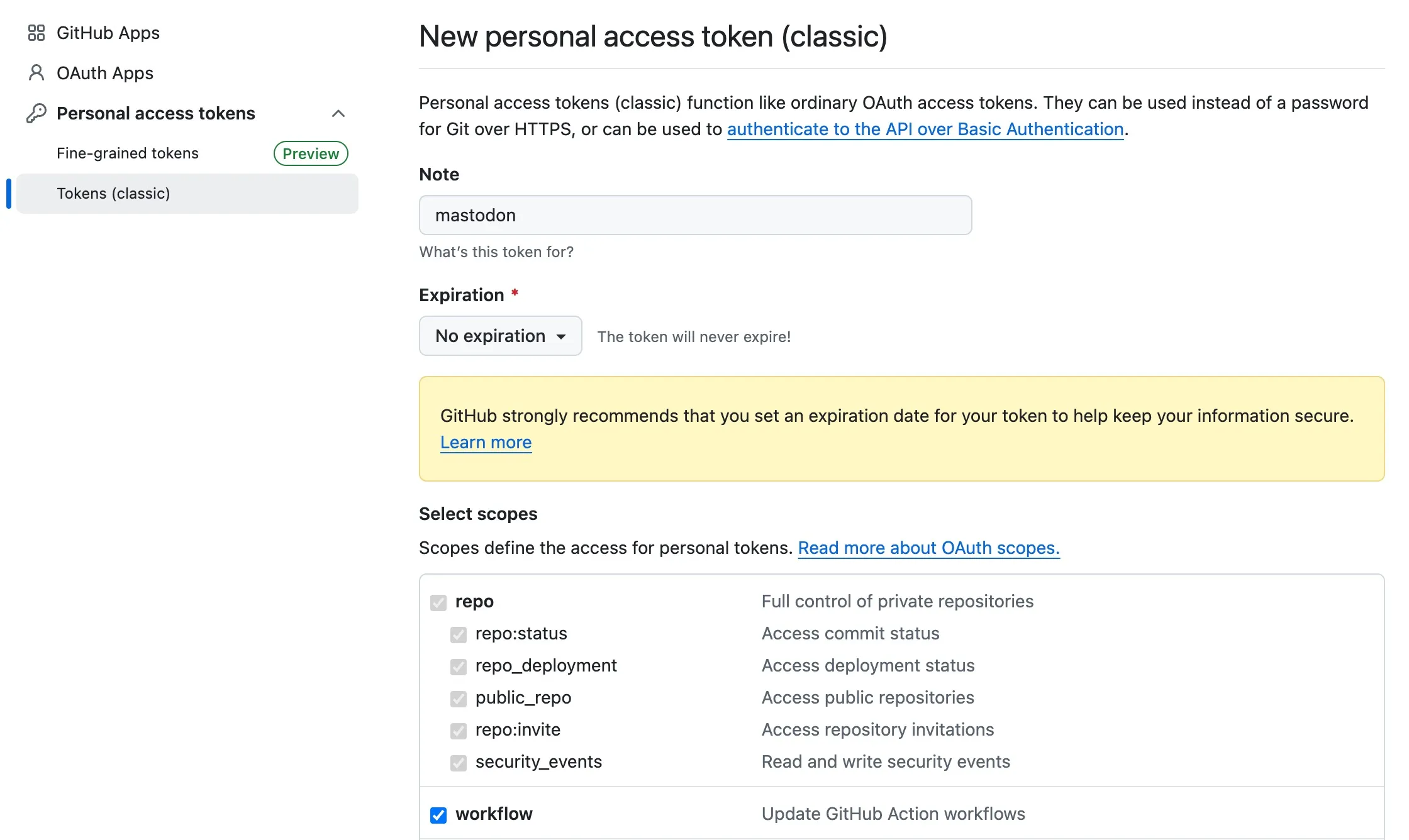 Github token 权限选择